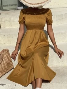 SHEIN VCAY Shirred Bodice Puff Sleeve Dress - Brown - View 6