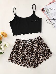 Letter Graphic Scallop Hem Cami Top And Leopard Shorts PJ Set / Pajama Set - Multicolor - View 1
