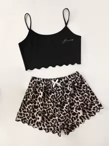 Letter Graphic Scallop Hem Cami Top And Leopard Shorts PJ Set / Pajama Set - Multicolor - View 4