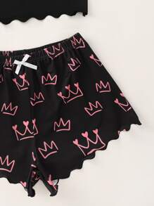 Letter & Crown Print Lettuce Trim PJ Set / Pajama Set - Black - View 4