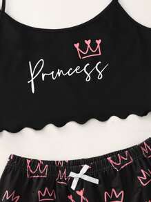 Letter & Crown Print Lettuce Trim PJ Set / Pajama Set - Black - View 5