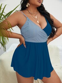 Plus Size Striped Ring Linked Surplice Neck Tankini Summer Beach - Multicolor - View 4