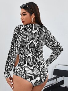 Body con estampado de piel de serpiente con abertura cremallera media - Blanco y Negro - Ver 2