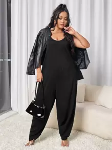 SHEIN Essnce Jumpsuits Plus Size Túi màu trơn Giải trí - màu đen - Xem 3
