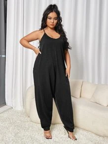 SHEIN Essnce Jumpsuits Plus Size Túi màu trơn Giải trí - màu đen - Xem 4