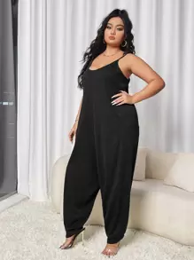 SHEIN Essnce Jumpsuits Plus Size Túi màu trơn Giải trí - màu đen - Xem 5