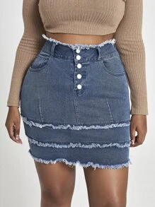 SHEIN SXY Plus Raw Trim Layered Hem Denim Skirt - Dark Wash - View 1