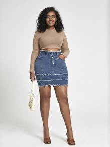 SHEIN SXY Plus Raw Trim Layered Hem Denim Skirt - Dark Wash - View 3