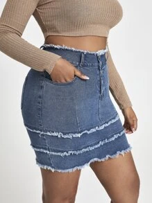 SHEIN SXY Plus Raw Trim Layered Hem Denim Skirt - Dark Wash - View 4