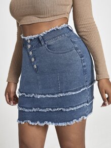 SHEIN SXY Plus Raw Trim Layered Hem Denim Skirt - Dark Wash - View 5