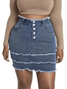 SHEIN SXY Plus Raw Trim Layered Hem Denim Skirt - Dark Wash - View 6