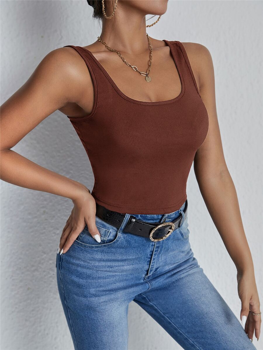 條紋針織素色背心上衣 - 鏽棕色 - 查看 1