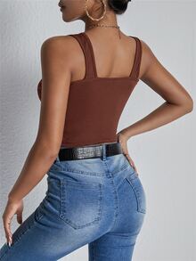 條紋針織素色背心上衣 - 鏽棕色 - 查看 2