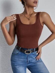 條紋針織素色背心上衣 - 鏽棕色 - 查看 3