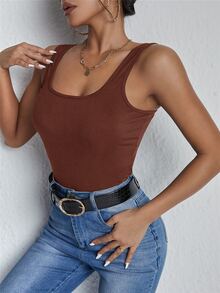 條紋針織素色背心上衣 - 鏽棕色 - 查看 4