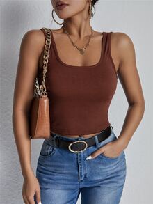 條紋針織素色背心上衣 - 鏽棕色 - 查看 5