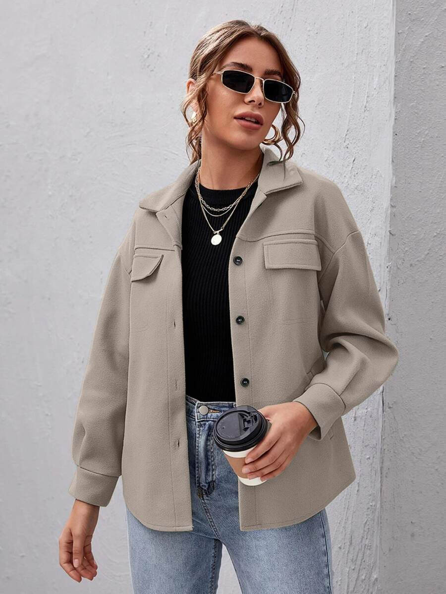 SHEIN Essnce Abrigo de hombros caídos con botón - Gris - Ver 1