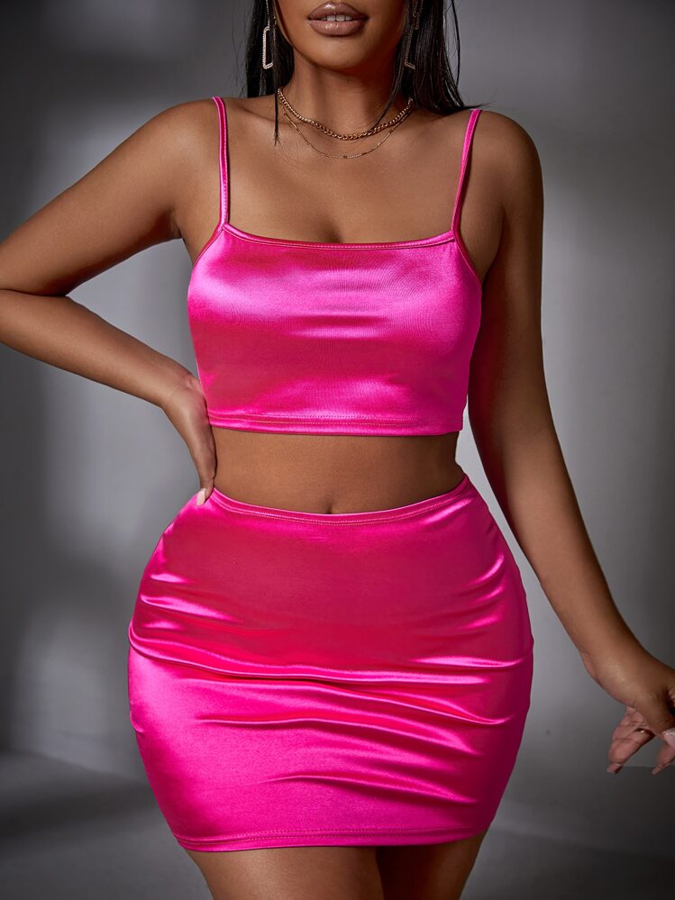 SHEIN SXY Cami Crop Top & Bodycon Skirt Set - Hot Pink - View 1