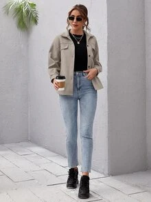 SHEIN Essnce Abrigo de hombros caídos con botón - Gris - Ver 3