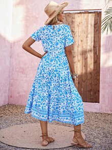 花和佩斯利圖案荷葉邊連衣裙 - 藍白色 - 查看 2
