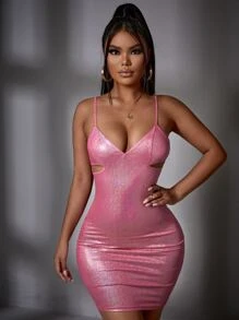 SHEIN SXY 鏤空金屬亮絲緊身連衣裙 - 粉色 - 查看 5