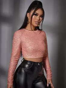 SHEIN BAE Zip Back Glitter Crop Top - Coral Pink - View 4