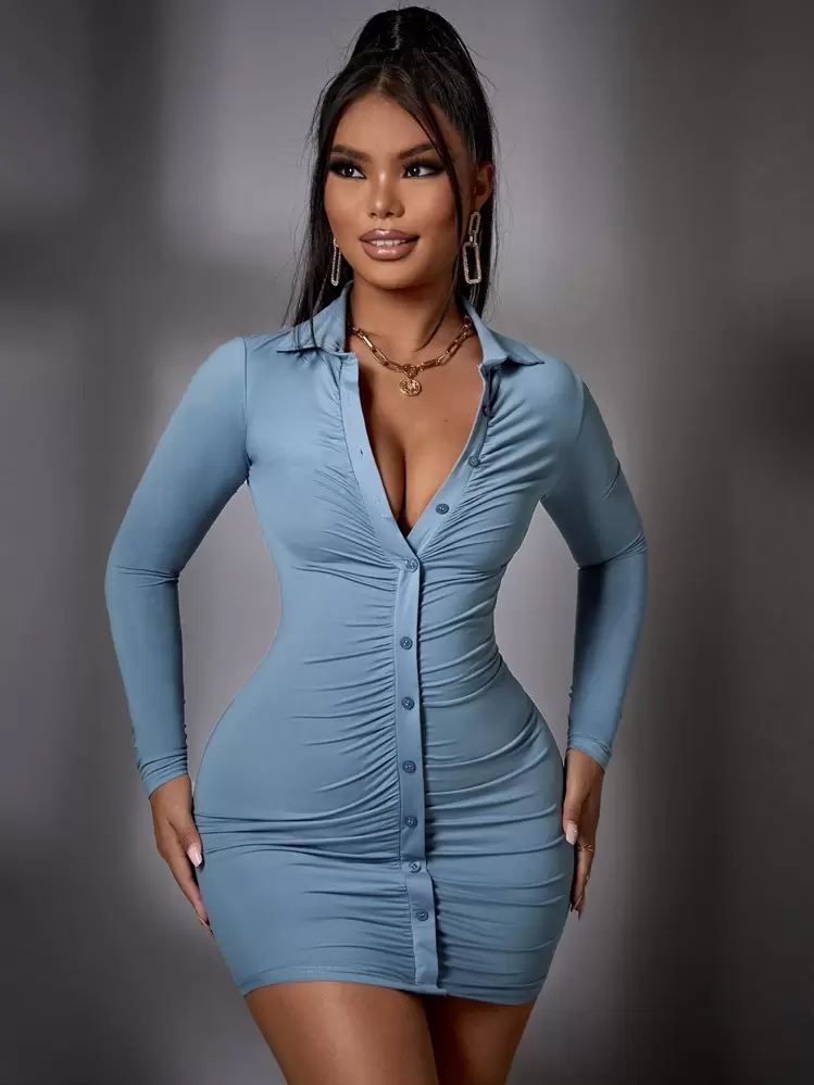 button front ruched bodycon dress Amazon.com: Beyove Sexy Tight Sheath Dress for Women V Neck Button Down  Elegant Bodycon Ruched Pleated Cocktail Party Midi Dress S : Clothing,  Shoes & Jewelry