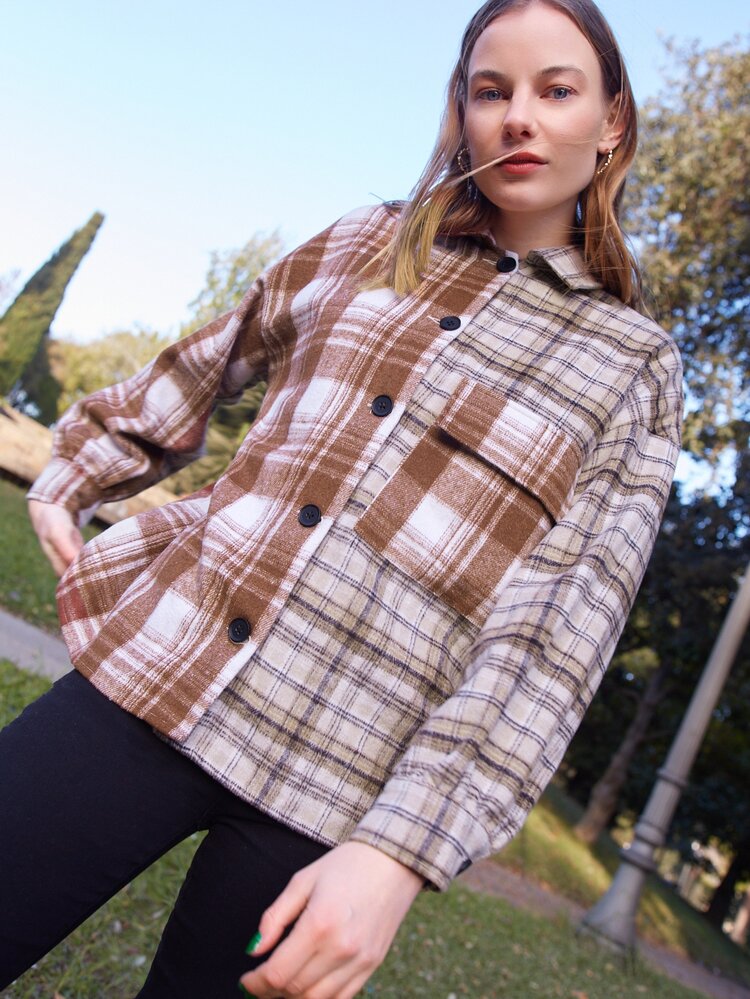 SHEIN Flap Pocket Front Spliced Plaid Overcoat - Multicolor - View 1