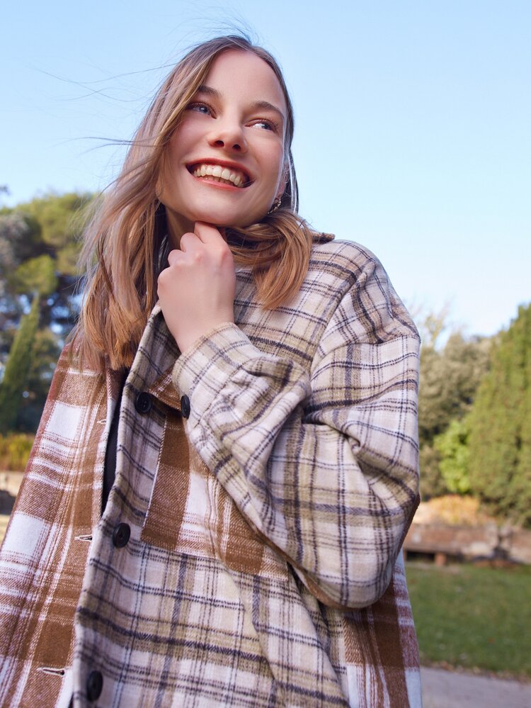 SHEIN Flap Pocket Front Spliced Plaid Overcoat - Multicolor - View 3
