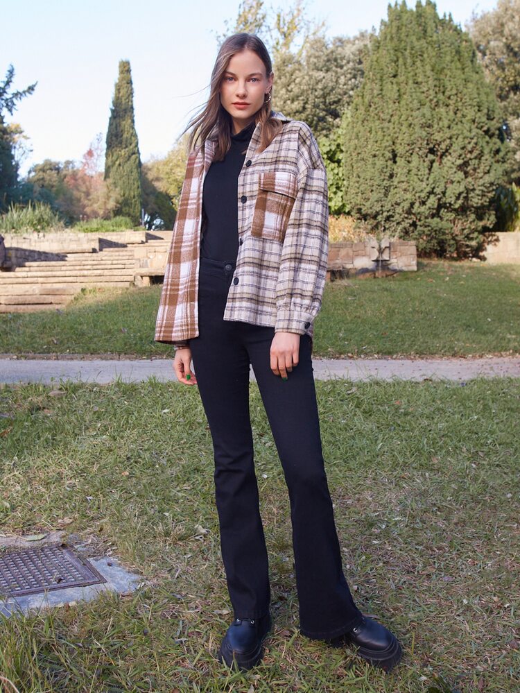 SHEIN Flap Pocket Front Spliced Plaid Overcoat - Multicolor - View 4