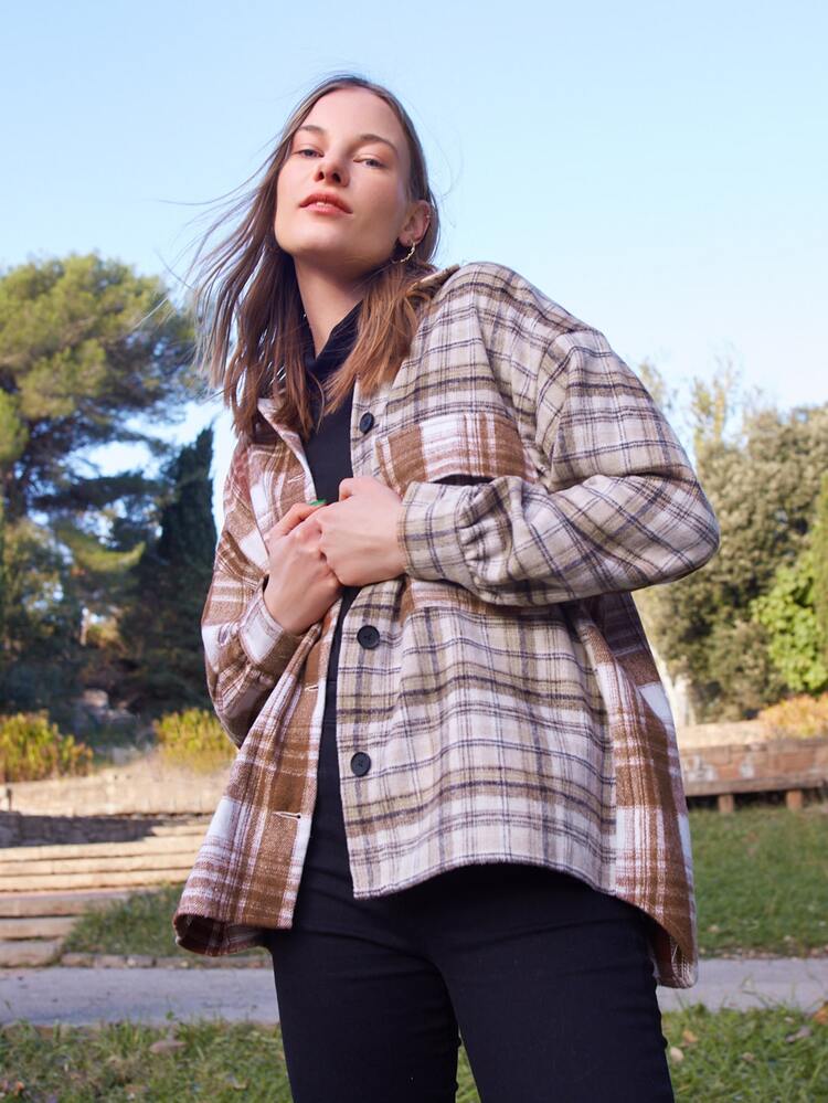 SHEIN Flap Pocket Front Spliced Plaid Overcoat - Multicolor - View 5