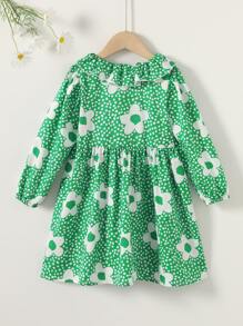 Toddler Girls Dot & Floral Print Ruffle Trim Dress - Green - View 2