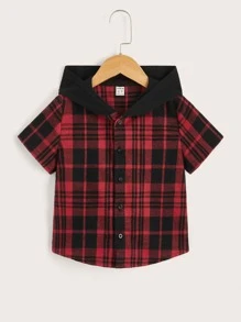 SHEIN 小男童紐扣開襟拼接帽子格紋襯衫 - 彩色 - 查看 1