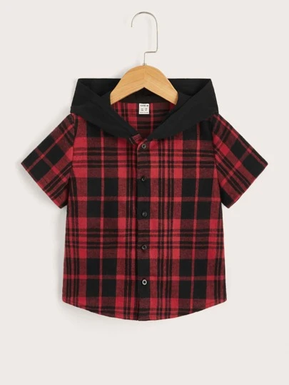 SHEIN 小男童紐扣開襟拼接帽子格紋襯衫