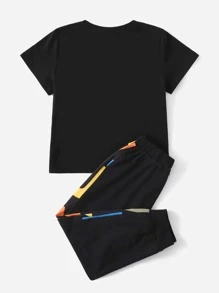 SHEIN Toddler Boys Letter Graphic Tee & Side Striped Joggers Set - Black - View 2