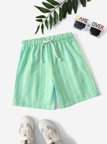 SHEIN Toddler Boys Striped Print Drawstring Waist Shorts - Mint Green - View 1