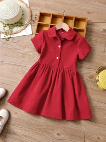 小女童半排扣燈芯絨襯衫洋裝