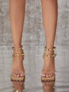 Perspex Strap Stud Detail Block Heel Sandals - Khaki - View 4