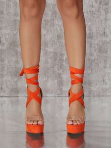 Xăng đan Cao gót Nữ Ren lên màu trơn Ren lên Kỳ nghỉ - trái cam - Xem 4