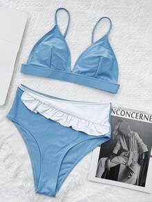 Ruffle Hem Triangle High Waisted Bikini Set, For Summer Beach Vacation - Blue and White - View 4