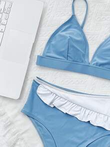 Ruffle Hem Triangle High Waisted Bikini Set, For Summer Beach Vacation - Blue and White - View 3