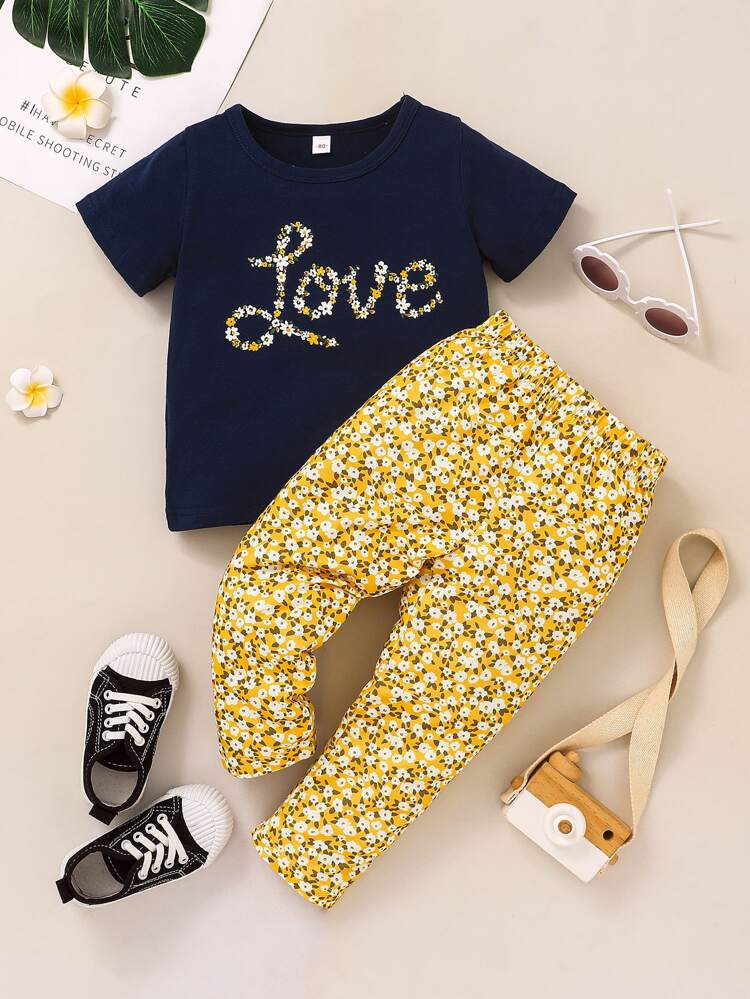 Young Girl Floral & Letter Graphic Tee & Pants