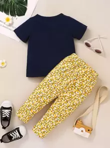 SHEIN Young Girl Floral & Letter Graphic Tee & Pants - Multicolor - View 2