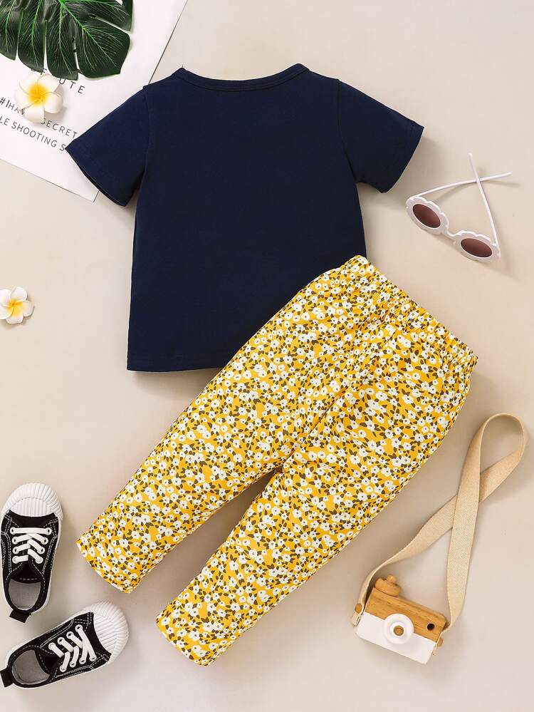Young Girl Floral & Letter Graphic Tee & Pants