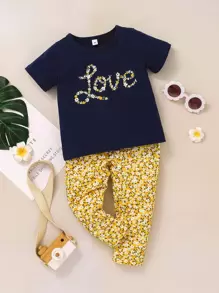 SHEIN Young Girl Floral & Letter Graphic Tee & Pants - Multicolor - View 4