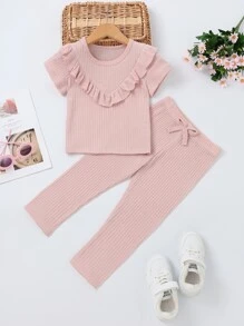 Toddler Girls Ruffle Trim Tee & Bow Front Leggings - Pink - View 1