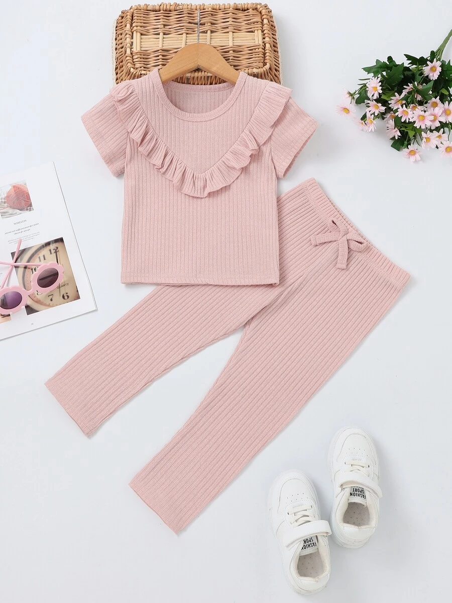 Toddler Girls Ruffle Trim Tee & Bow Front Leggings - Pink - View 1