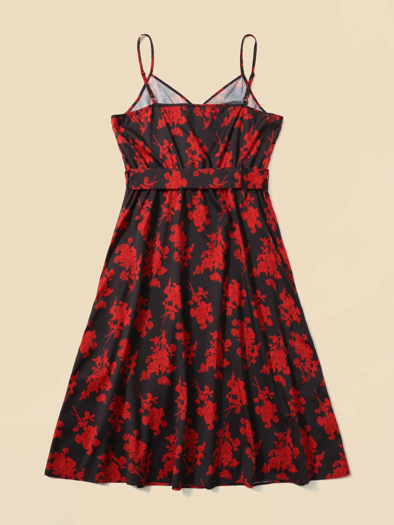 Plus 1pc Floral Print Belted Cami Dress