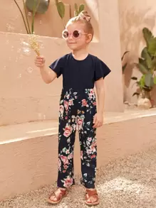 Toddler Girls 1pc Floral Print Flutter Sleeve Jumpsuit - Navy Blue - View 1