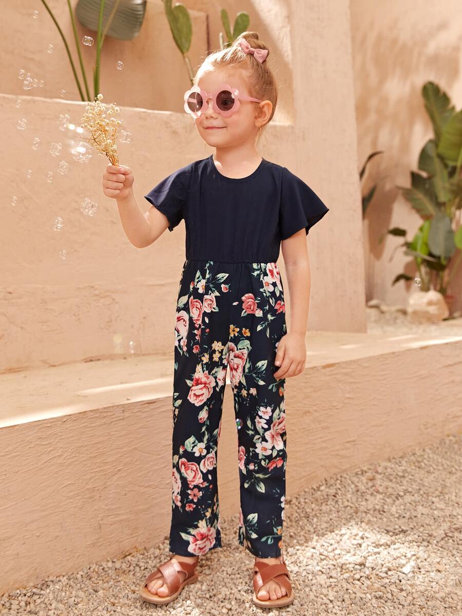 Toddler Girls 1pc Floral Print Flutter Sleeve Jumpsuit - Navy Blue - View 1